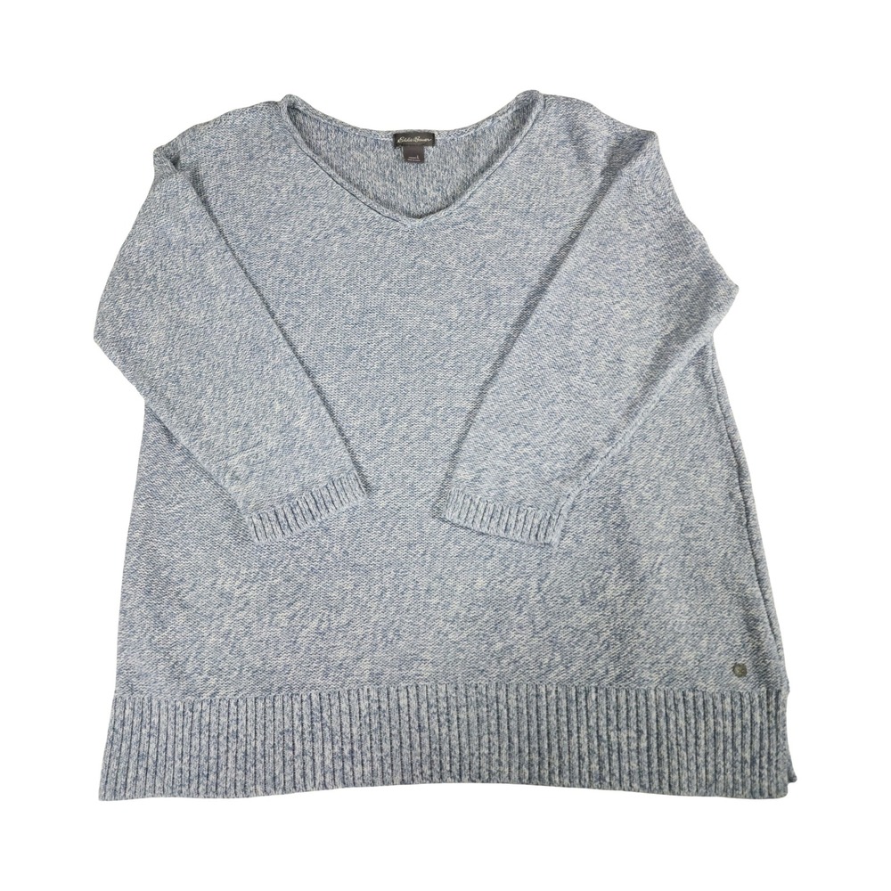 Eddie Bauer V Neck Heathered Blue‎ Knit Sweater 3/4 Sleeve Women's Large